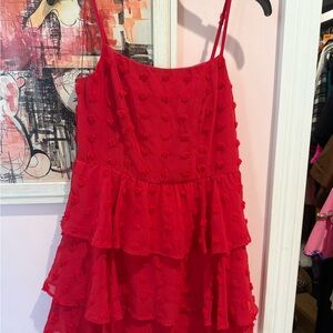 Francesca's Collections Red Pom-Pom Tiered Mini Dress